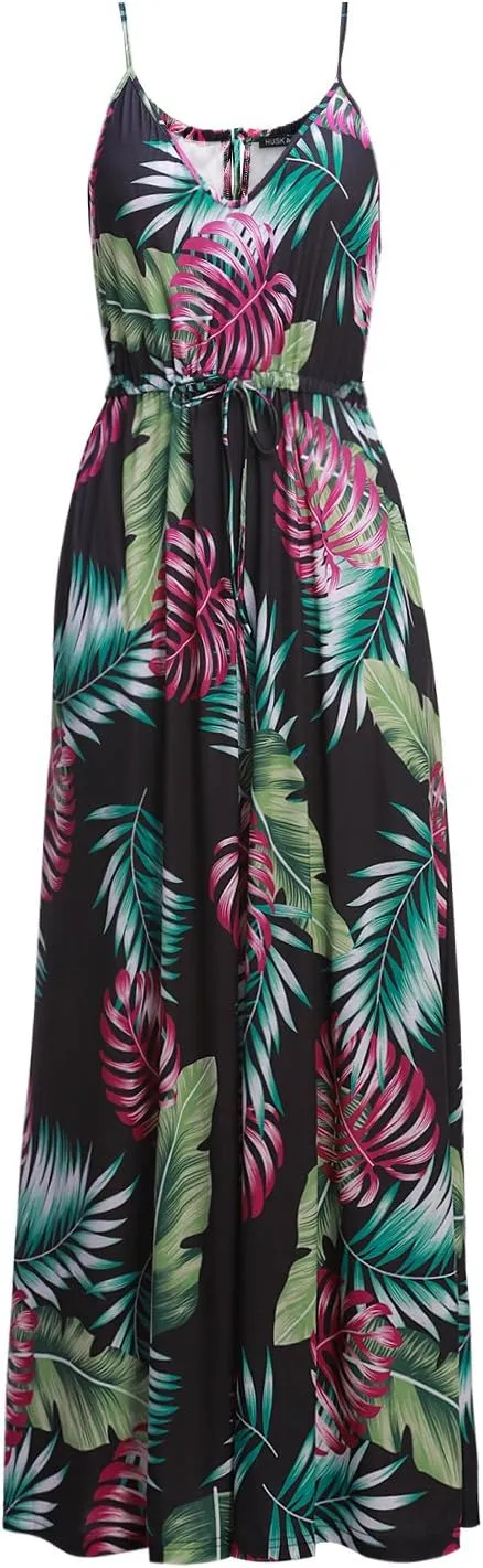 HUSKARY Womens Summer Sleeveless V Neck Spaghetti Strap Pockets Beach Boho Vacation Casual Spring Maxi Dress
