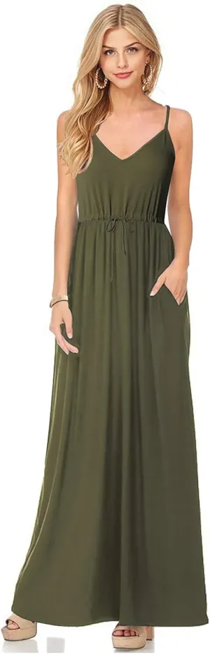 HUSKARY Womens Summer Sleeveless V Neck Spaghetti Strap Pockets Beach Boho Vacation Casual Spring Maxi Dress