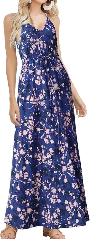 HUSKARY Womens Summer Sleeveless V Neck Spaghetti Strap Pockets Beach Boho Vacation Casual Spring Maxi Dress