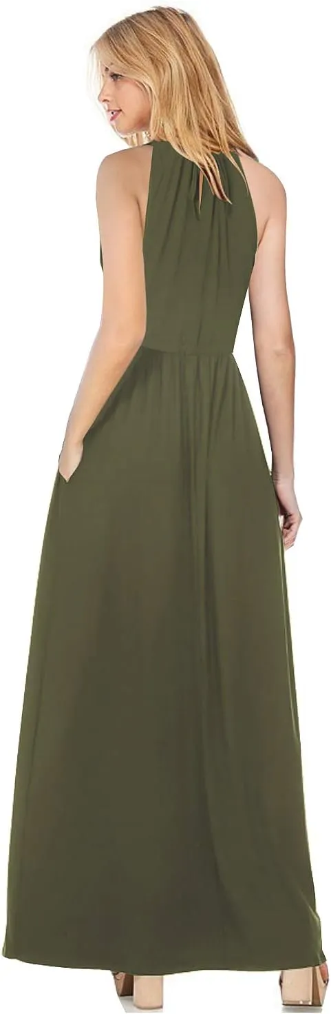 HUSKARY Womens Summer Sleeveless V Neck Spaghetti Strap Pockets Beach Boho Vacation Casual Spring Maxi Dress