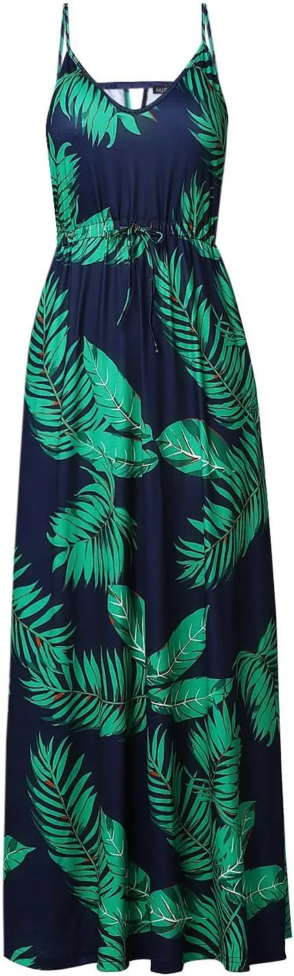 HUSKARY Womens Summer Sleeveless V Neck Spaghetti Strap Pockets Beach Boho Vacation Casual Spring Maxi Dress