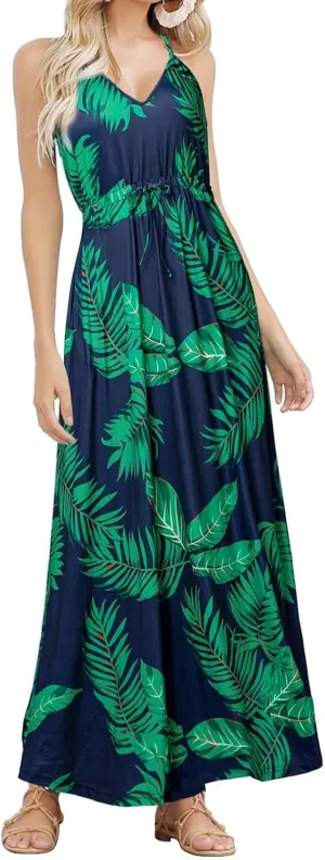 HUSKARY Womens Summer Sleeveless V Neck Spaghetti Strap Pockets Beach Boho Vacation Casual Spring Maxi Dress