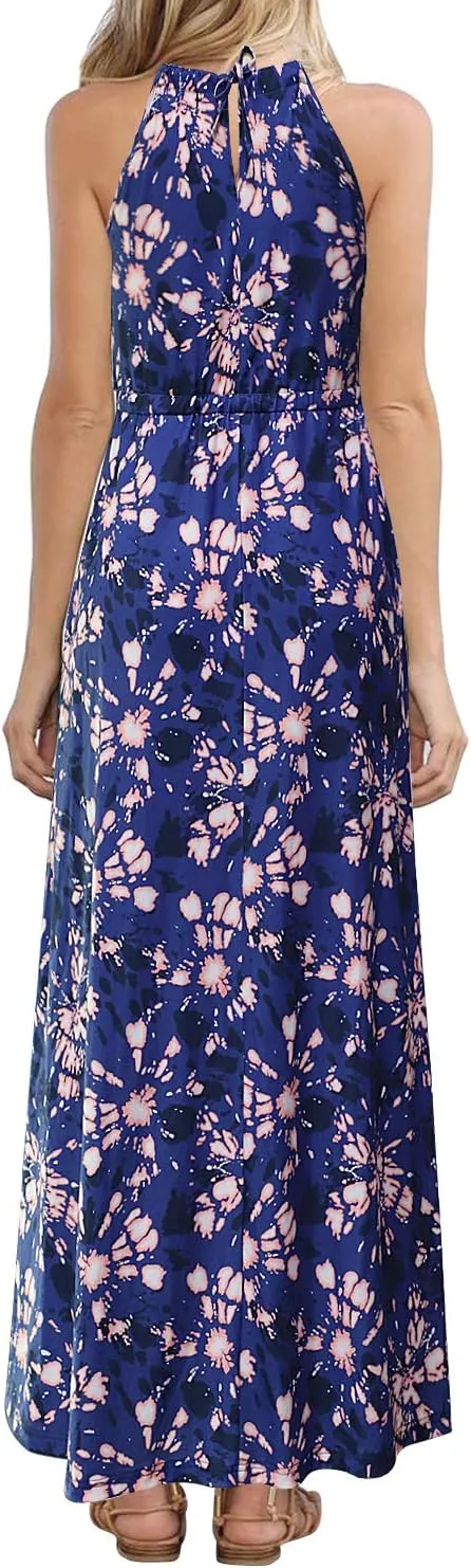 HUSKARY Womens Summer Sleeveless V Neck Spaghetti Strap Pockets Beach Boho Vacation Casual Spring Maxi Dress