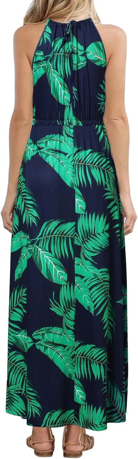 HUSKARY Womens Summer Sleeveless V Neck Spaghetti Strap Pockets Beach Boho Vacation Casual Spring Maxi Dress