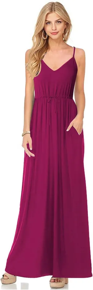 HUSKARY Womens Summer Sleeveless V Neck Spaghetti Strap Pockets Beach Boho Vacation Casual Spring Maxi Dress