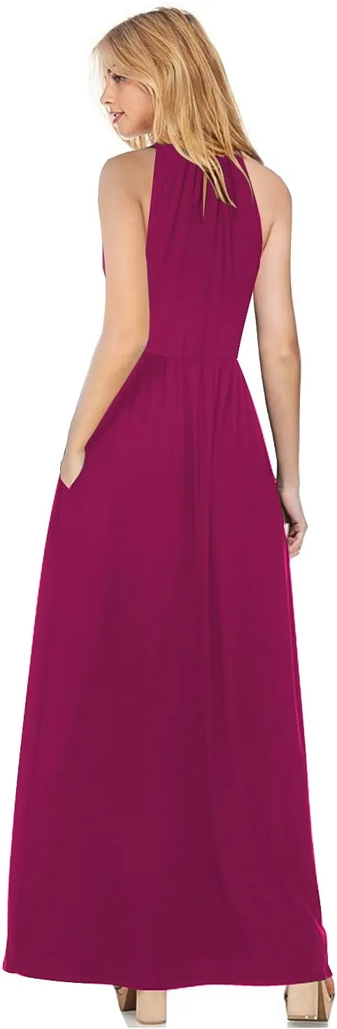 HUSKARY Womens Summer Sleeveless V Neck Spaghetti Strap Pockets Beach Boho Vacation Casual Spring Maxi Dress