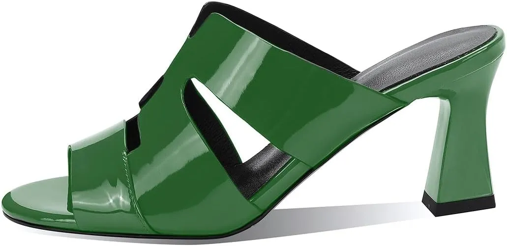 iadore Women Fashion Low Chunky Heel Shoes Chic Round Toe Patent Leather Mules Shoes Chic Slip-on Dress Sandals Size 5-12 US