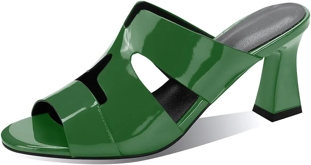 iadore Women Fashion Low Chunky Heel Shoes Chic Round Toe Patent Leather Mules Shoes Chic Slip-on Dress Sandals Size 5-12 US
