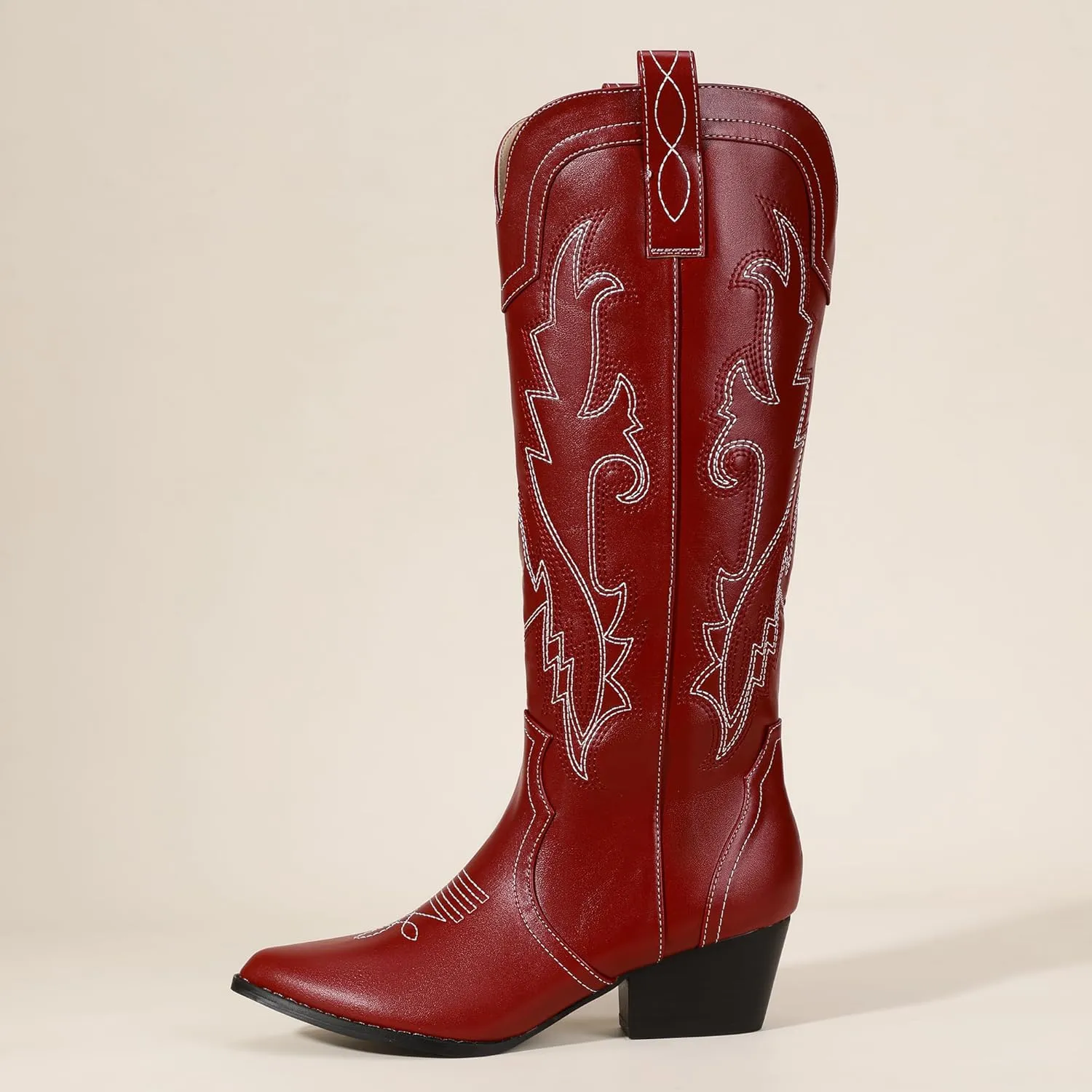 IDIFU IN2 Cowboy Boots For Women Cowgirl Knee High Western Tall Boots Chunky Low Pointed Toe Heel Boots Fashion Booties for Women Embroidered Wedding Country Concert Boots