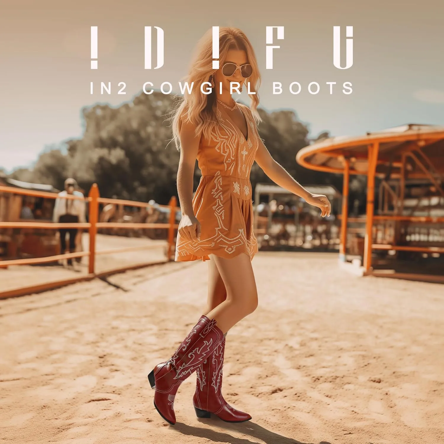IDIFU IN2 Cowboy Boots For Women Cowgirl Knee High Western Tall Boots Chunky Low Pointed Toe Heel Boots Fashion Booties for Women Embroidered Wedding Country Concert Boots