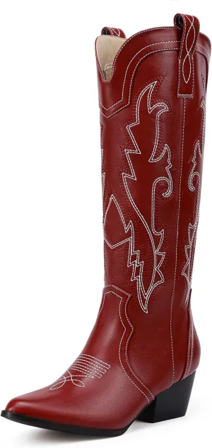 IDIFU IN2 Cowboy Boots For Women Cowgirl Knee High Western Tall Boots Chunky Low Pointed Toe Heel Boots Fashion Booties for Women Embroidered Wedding Country Concert Boots