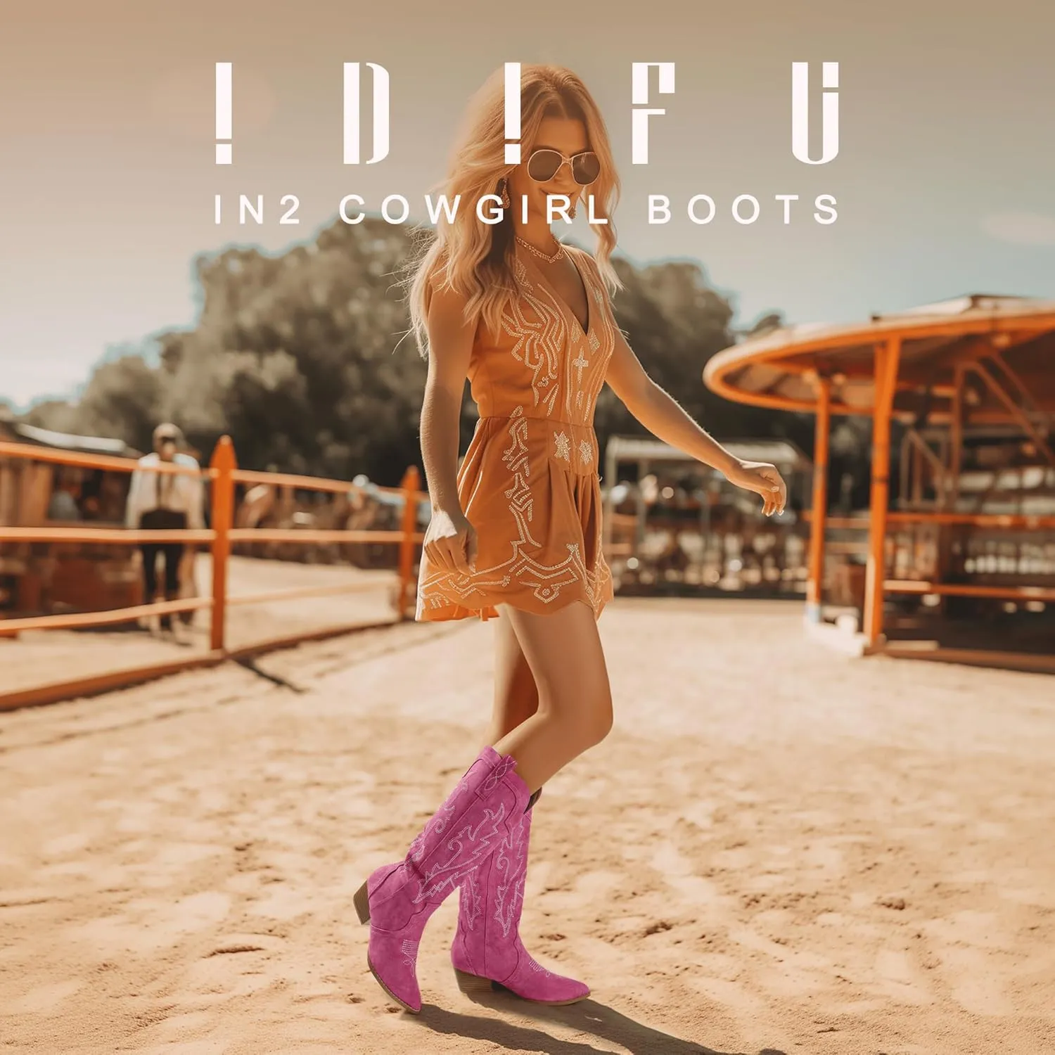 IDIFU IN2 Cowboy Boots For Women Cowgirl Knee High Western Tall Boots Chunky Low Pointed Toe Heel Boots Fashion Booties for Women Embroidered Wedding Country Concert Boots