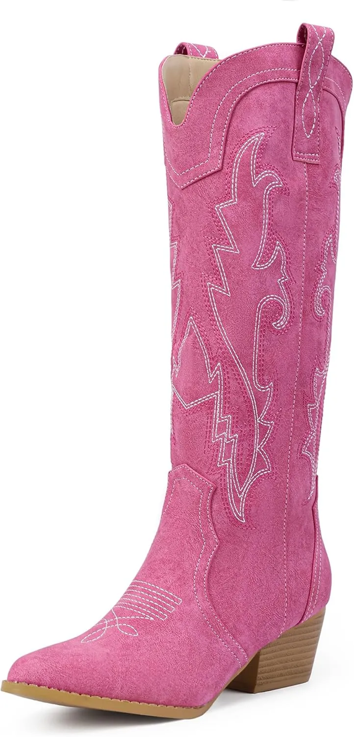 IDIFU IN2 Cowboy Boots For Women Cowgirl Knee High Western Tall Boots Chunky Low Pointed Toe Heel Boots Fashion Booties for Women Embroidered Wedding Country Concert Boots