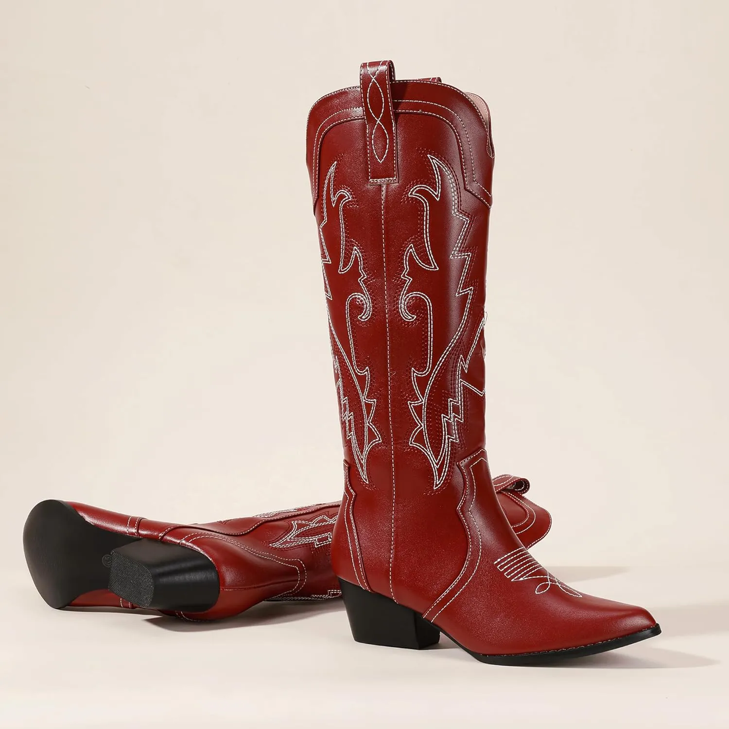 IDIFU IN2 Cowboy Boots For Women Cowgirl Knee High Western Tall Boots Chunky Low Pointed Toe Heel Boots Fashion Booties for Women Embroidered Wedding Country Concert Boots