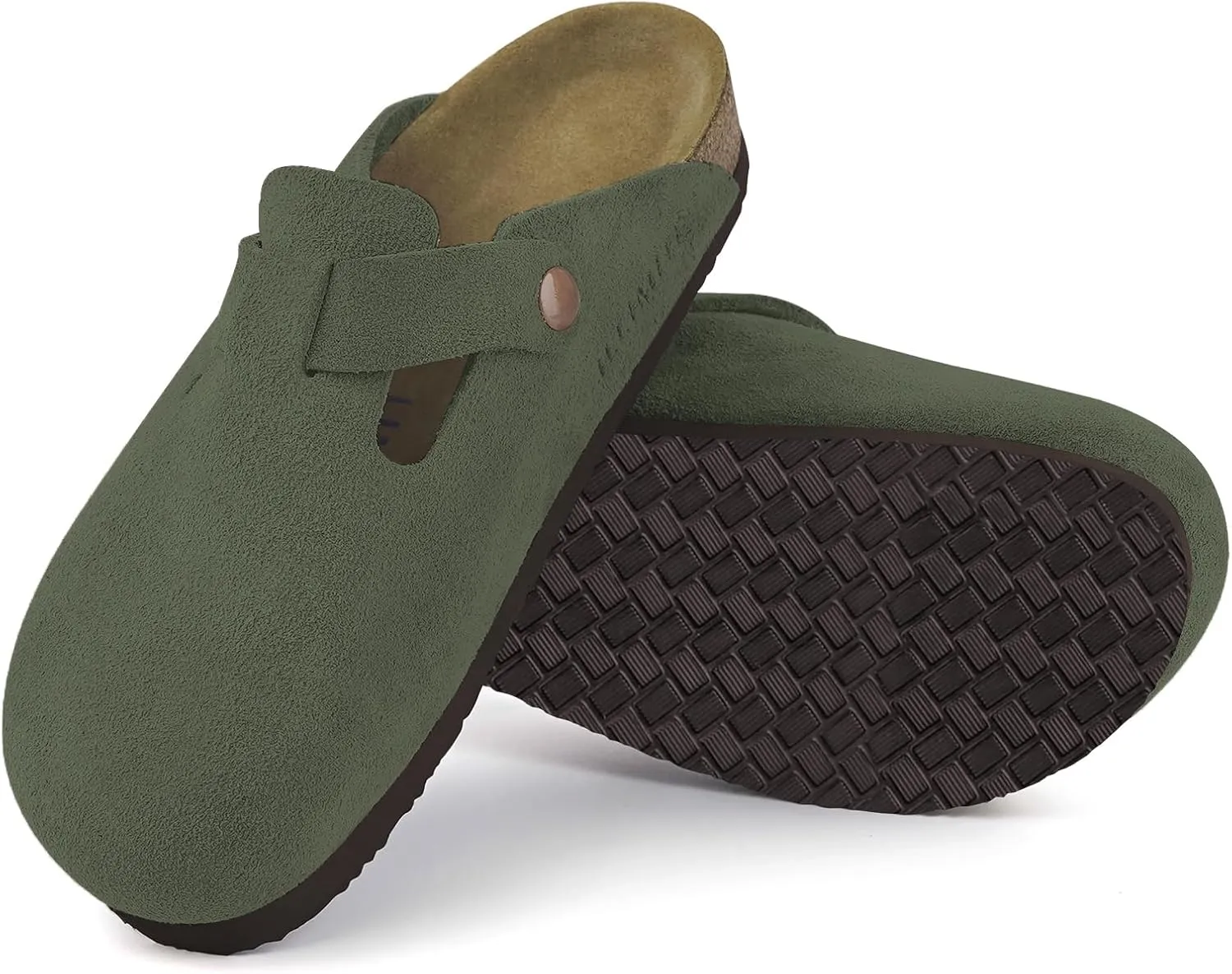 ILLIMITE Suede Clogs for Women Men Cork Footbed Sandals Leather Mules Potato Shoes with Arch Support and Adjustable Buckle