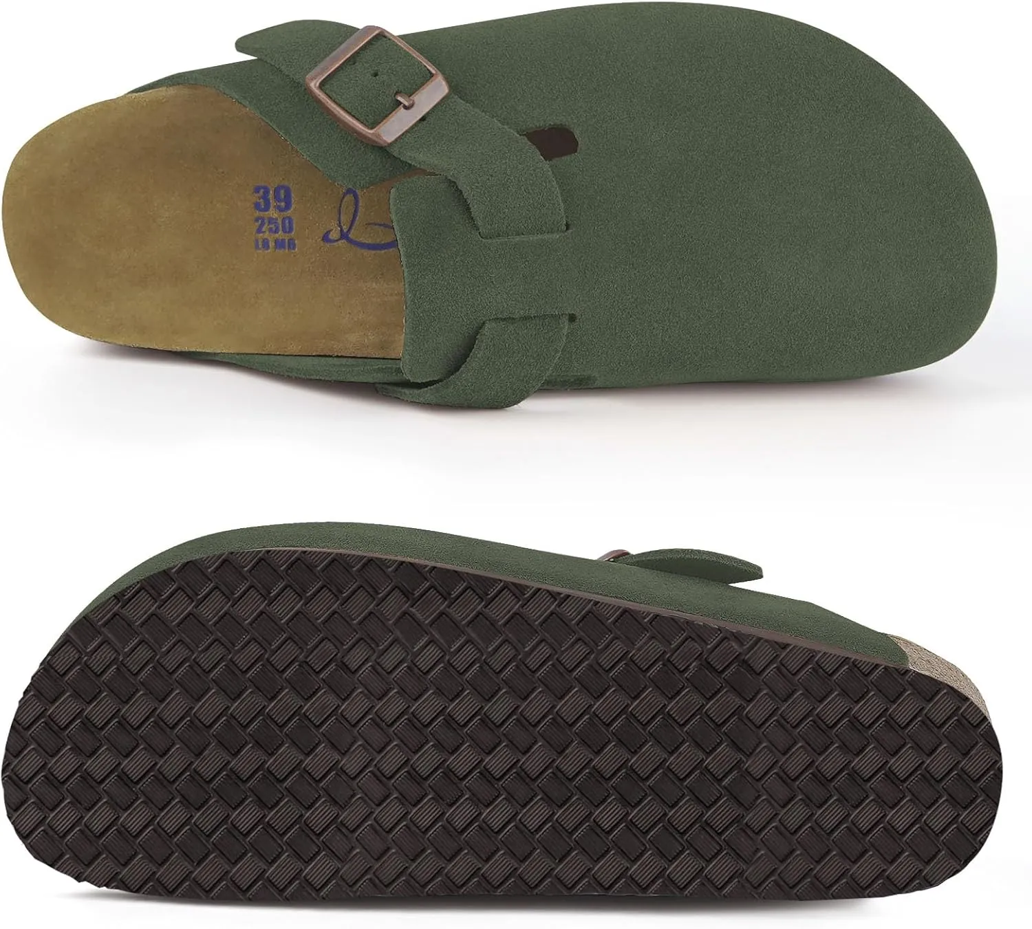 ILLIMITE Suede Clogs for Women Men Cork Footbed Sandals Leather Mules Potato Shoes with Arch Support and Adjustable Buckle