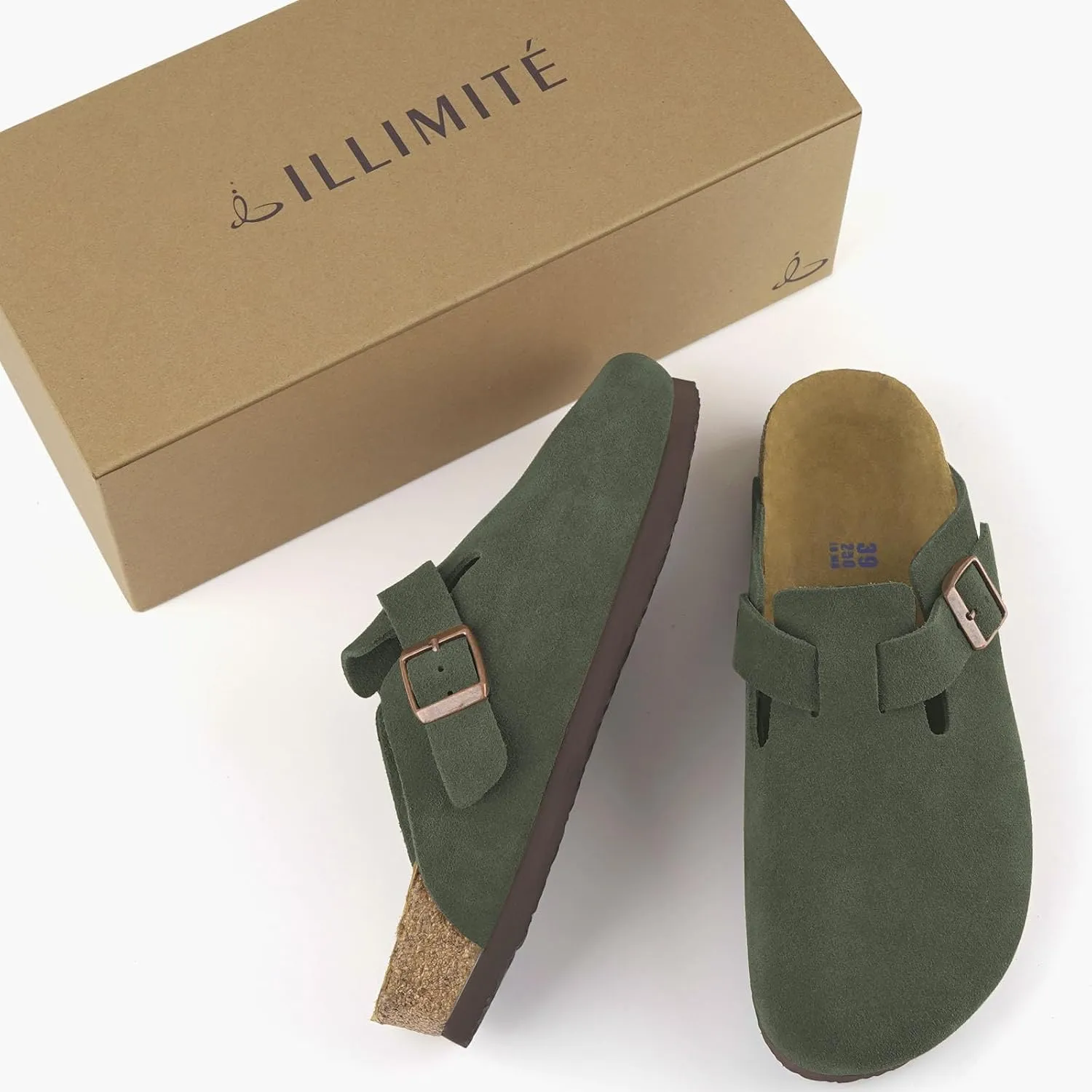 ILLIMITE Suede Clogs for Women Men Cork Footbed Sandals Leather Mules Potato Shoes with Arch Support and Adjustable Buckle