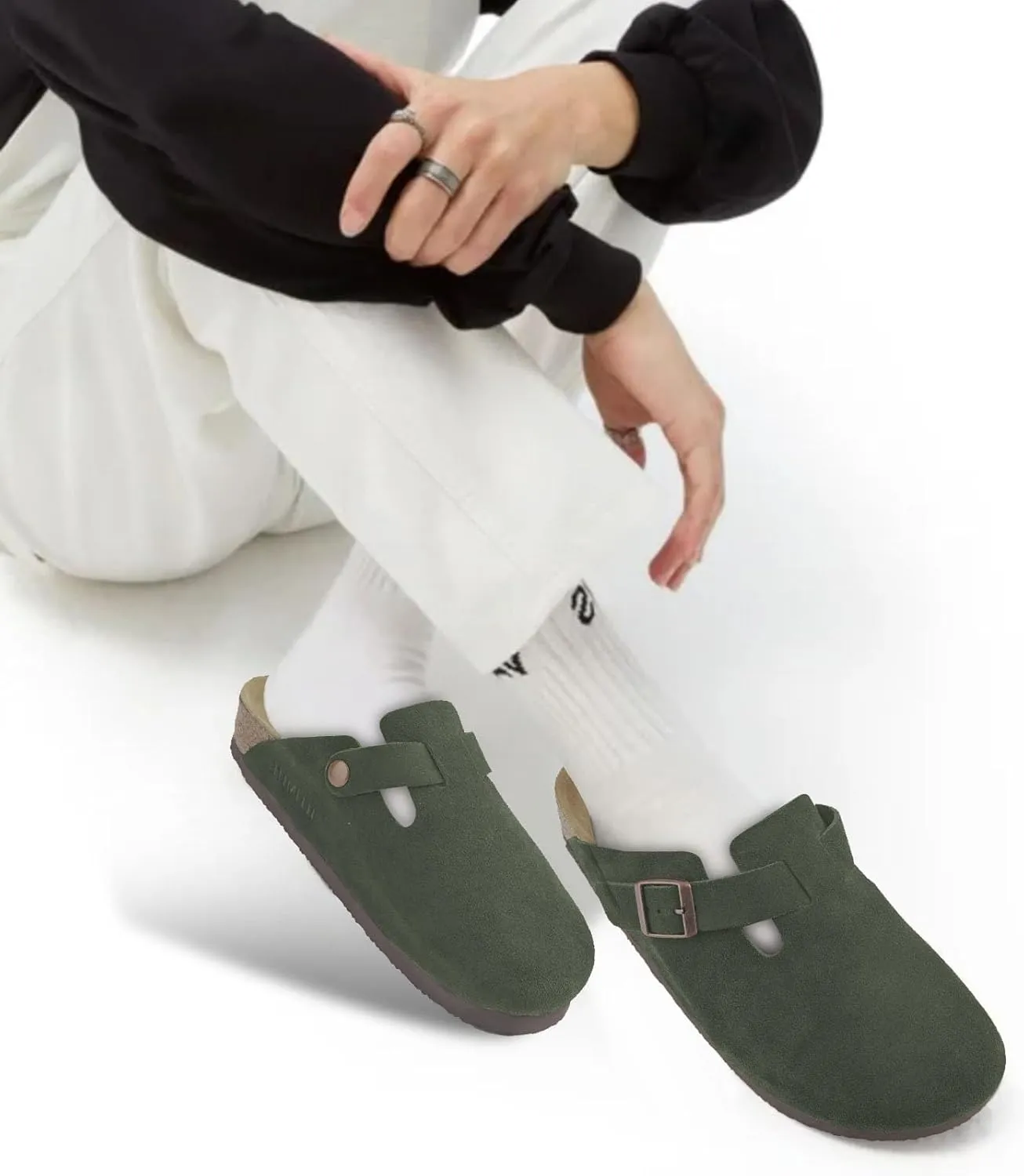 ILLIMITE Suede Clogs for Women Men Cork Footbed Sandals Leather Mules Potato Shoes with Arch Support and Adjustable Buckle