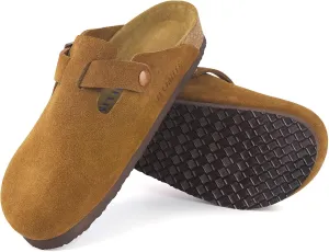 ILLIMITE Suede Clogs for Women Men Cork Footbed Sandals Leather Mules Potato Shoes with Arch Support and Adjustable Buckle