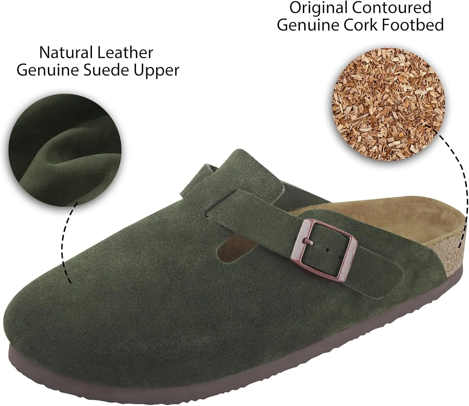 ILLIMITE Suede Clogs for Women Men Cork Footbed Sandals Leather Mules Potato Shoes with Arch Support and Adjustable Buckle