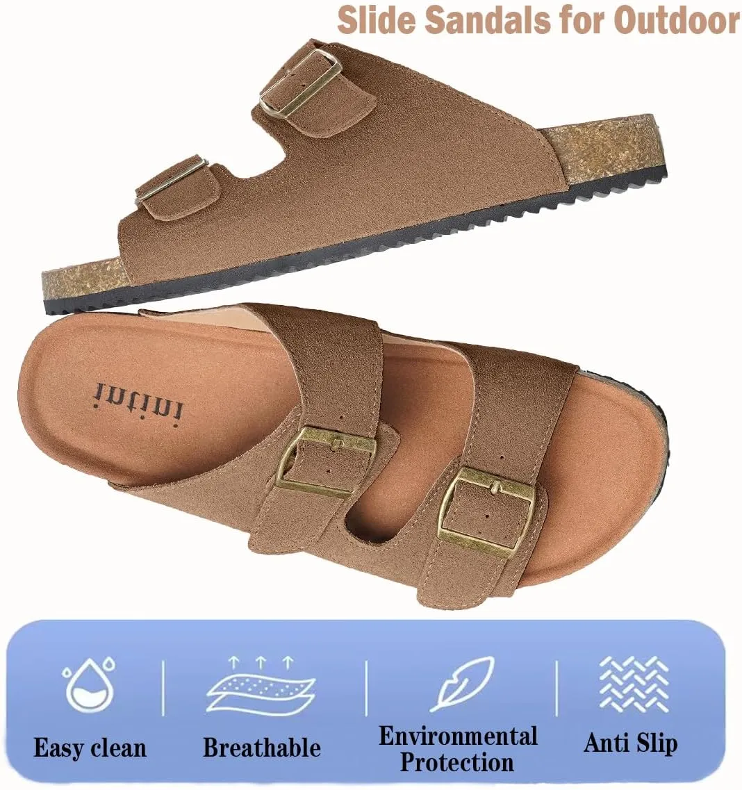 Intini Womens Mens Cork Footbed Slide Sandals Suede Leather Flat Sandals Arch Support Slip on Summer Open Toe Outdoor Slippers with Adjustable Buckle