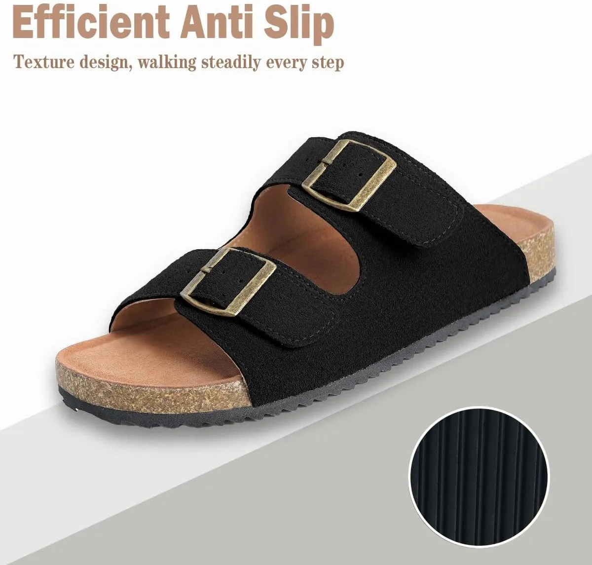 Intini Womens Mens Cork Footbed Slide Sandals Suede Leather Flat Sandals Arch Support Slip on Summer Open Toe Outdoor Slippers with Adjustable Buckle