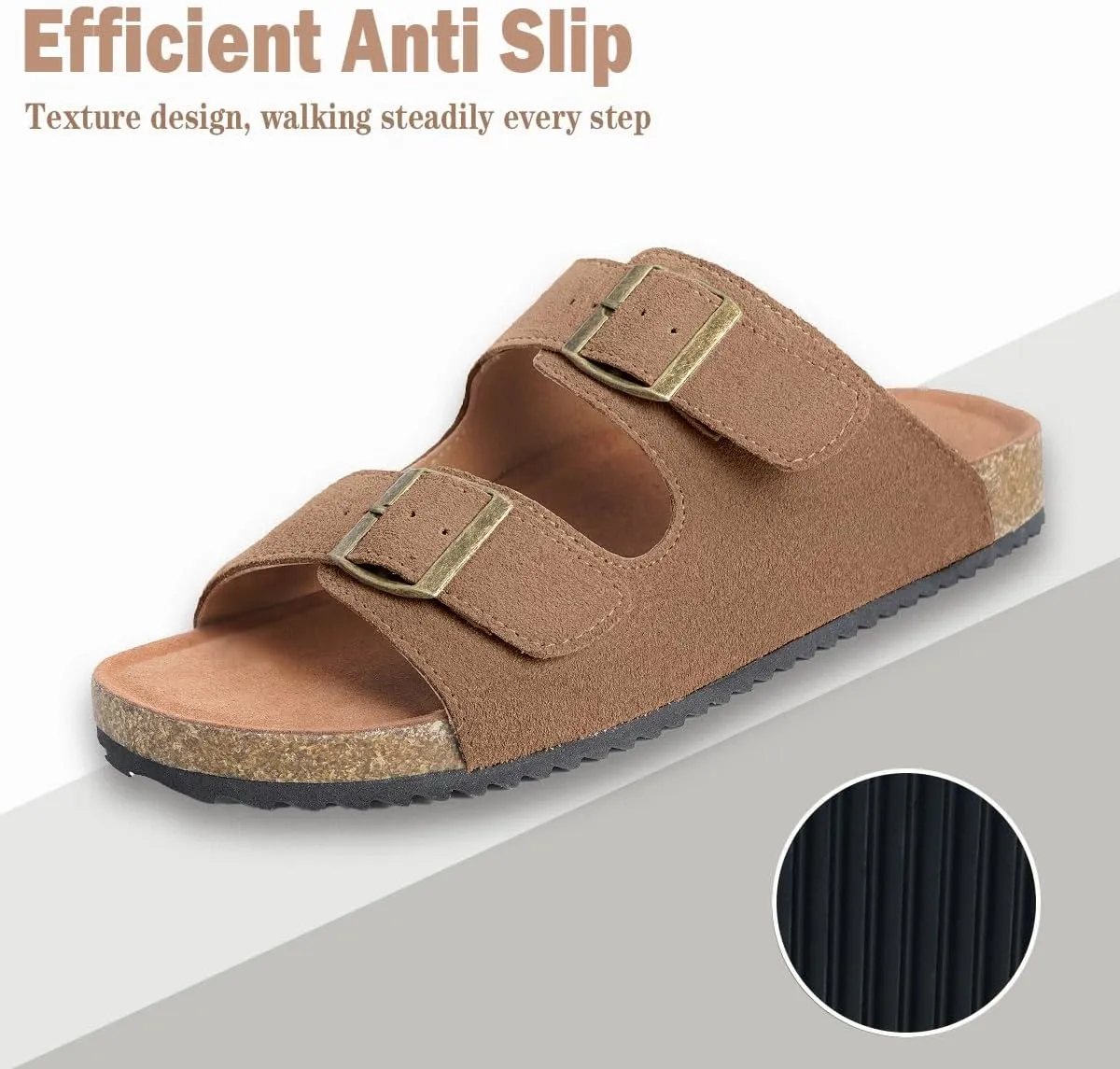 Intini Womens Mens Cork Footbed Slide Sandals Suede Leather Flat Sandals Arch Support Slip on Summer Open Toe Outdoor Slippers with Adjustable Buckle