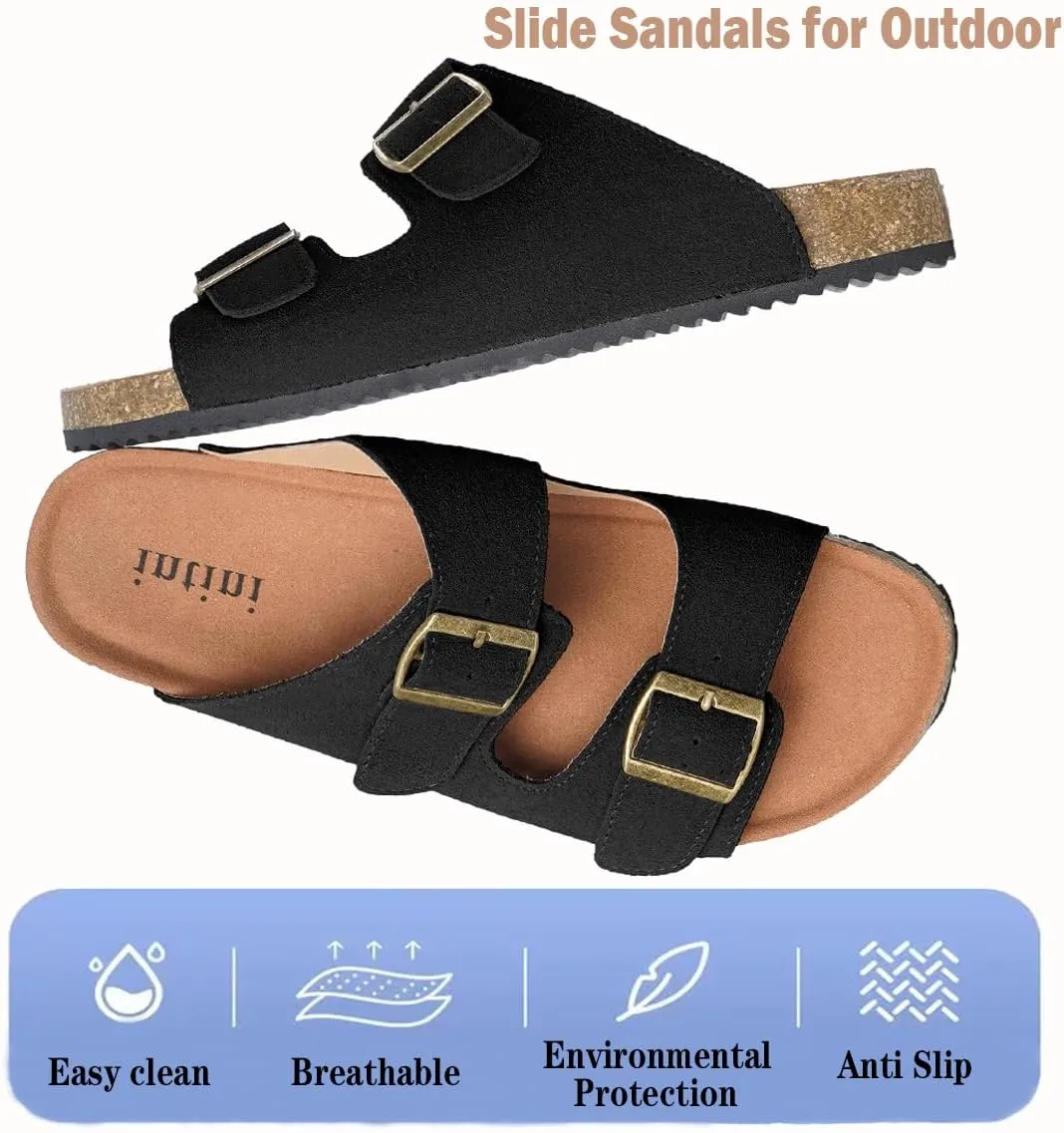 Intini Womens Mens Cork Footbed Slide Sandals Suede Leather Flat Sandals Arch Support Slip on Summer Open Toe Outdoor Slippers with Adjustable Buckle