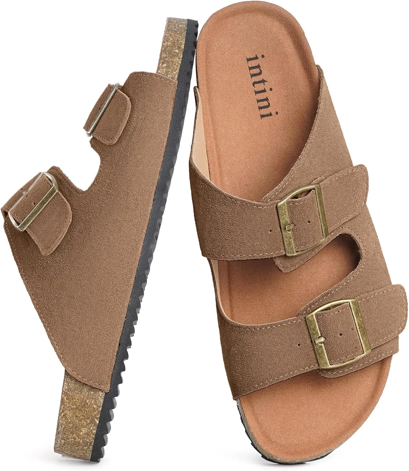 Intini Womens Mens Cork Footbed Slide Sandals Suede Leather Flat Sandals Arch Support Slip on Summer Open Toe Outdoor Slippers with Adjustable Buckle