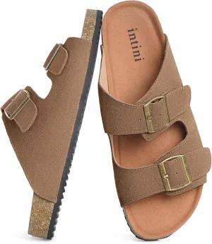Intini Womens Mens Cork Footbed Slide Sandals Suede Leather Flat Sandals Arch Support Slip on Summer Open Toe Outdoor Slippers with Adjustable Buckle