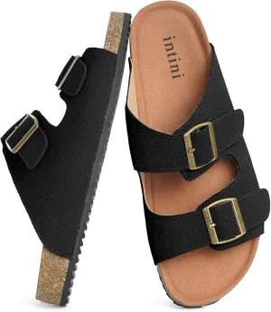 Intini Womens Mens Cork Footbed Slide Sandals Suede Leather Flat Sandals Arch Support Slip on Summer Open Toe Outdoor Slippers with Adjustable Buckle