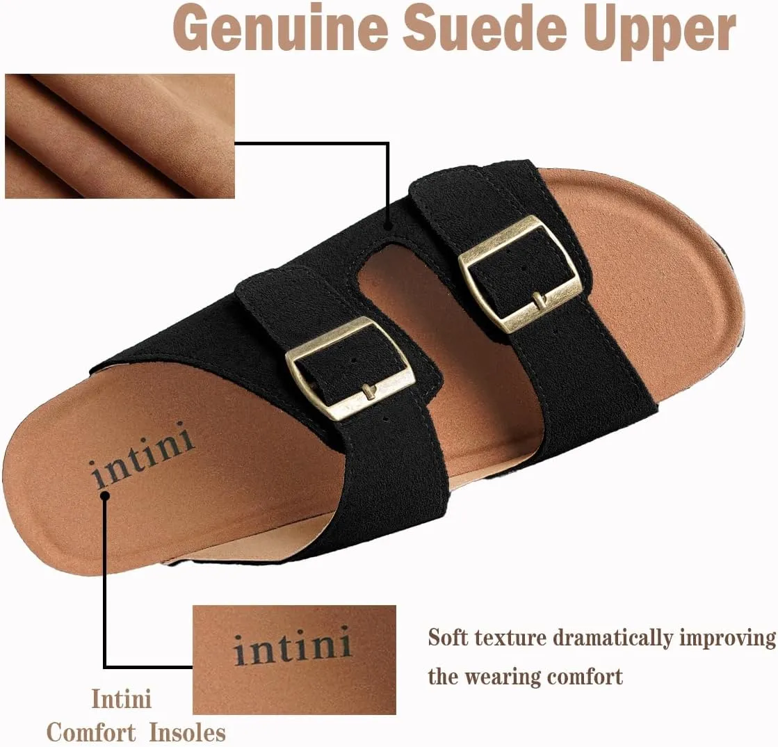 Intini Womens Mens Cork Footbed Slide Sandals Suede Leather Flat Sandals Arch Support Slip on Summer Open Toe Outdoor Slippers with Adjustable Buckle