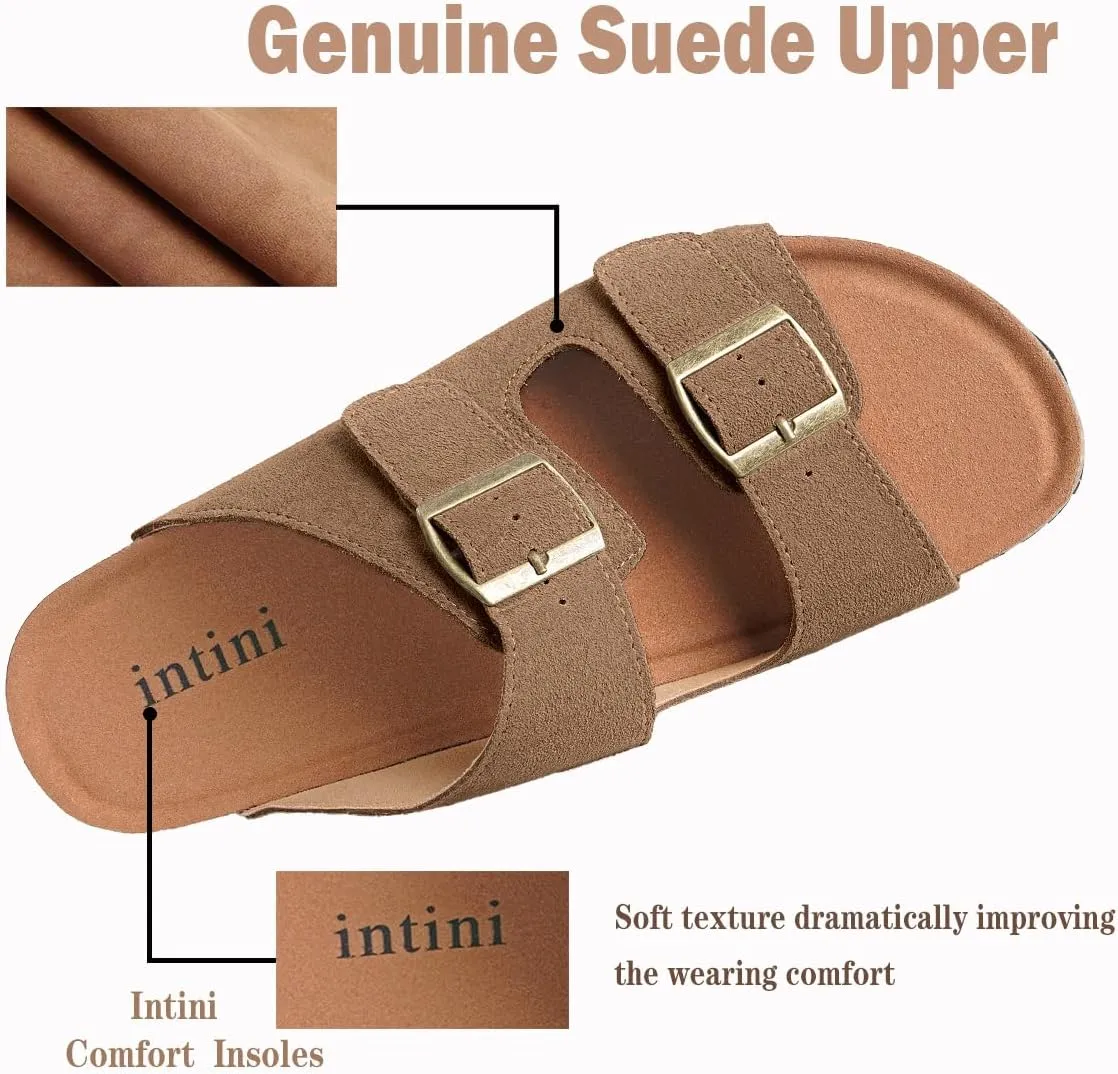 Intini Womens Mens Cork Footbed Slide Sandals Suede Leather Flat Sandals Arch Support Slip on Summer Open Toe Outdoor Slippers with Adjustable Buckle