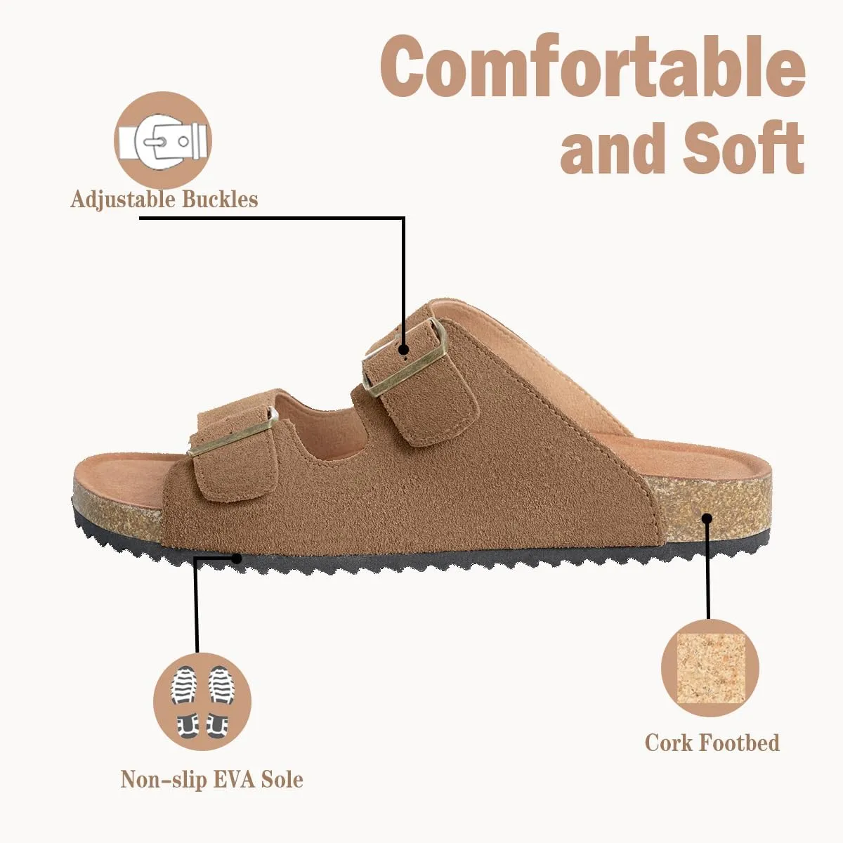 Intini Womens Mens Cork Footbed Slide Sandals Suede Leather Flat Sandals Arch Support Slip on Summer Open Toe Outdoor Slippers with Adjustable Buckle