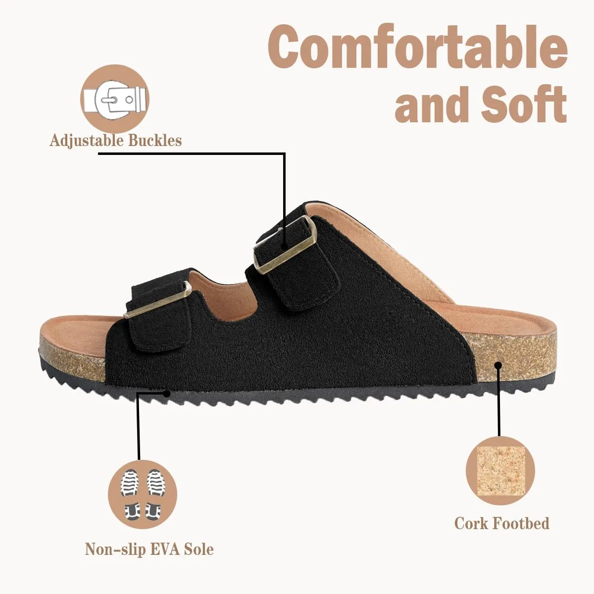 Intini Womens Mens Cork Footbed Slide Sandals Suede Leather Flat Sandals Arch Support Slip on Summer Open Toe Outdoor Slippers with Adjustable Buckle