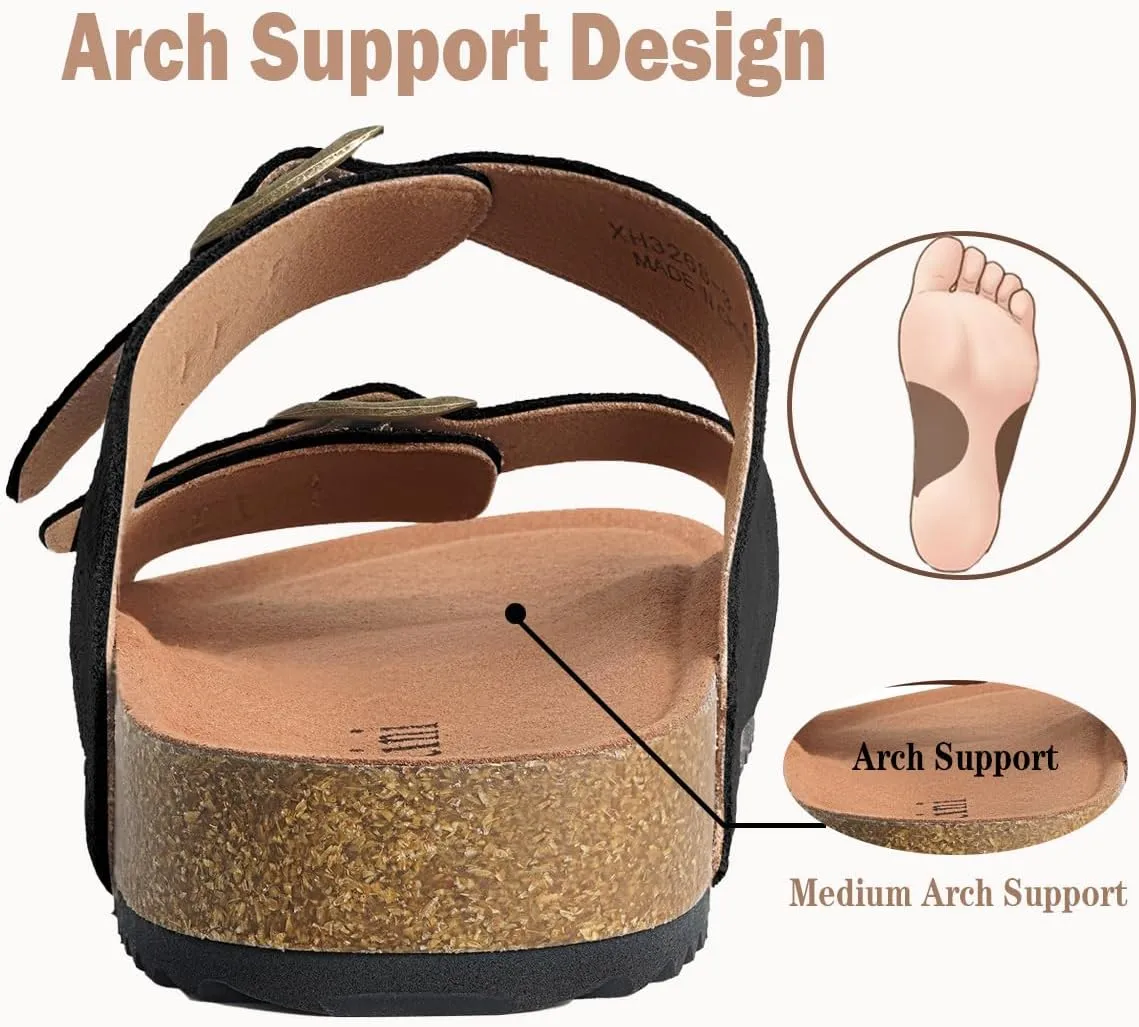 Intini Womens Mens Cork Footbed Slide Sandals Suede Leather Flat Sandals Arch Support Slip on Summer Open Toe Outdoor Slippers with Adjustable Buckle