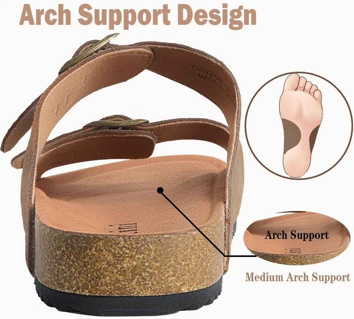 Intini Womens Mens Cork Footbed Slide Sandals Suede Leather Flat Sandals Arch Support Slip on Summer Open Toe Outdoor Slippers with Adjustable Buckle
