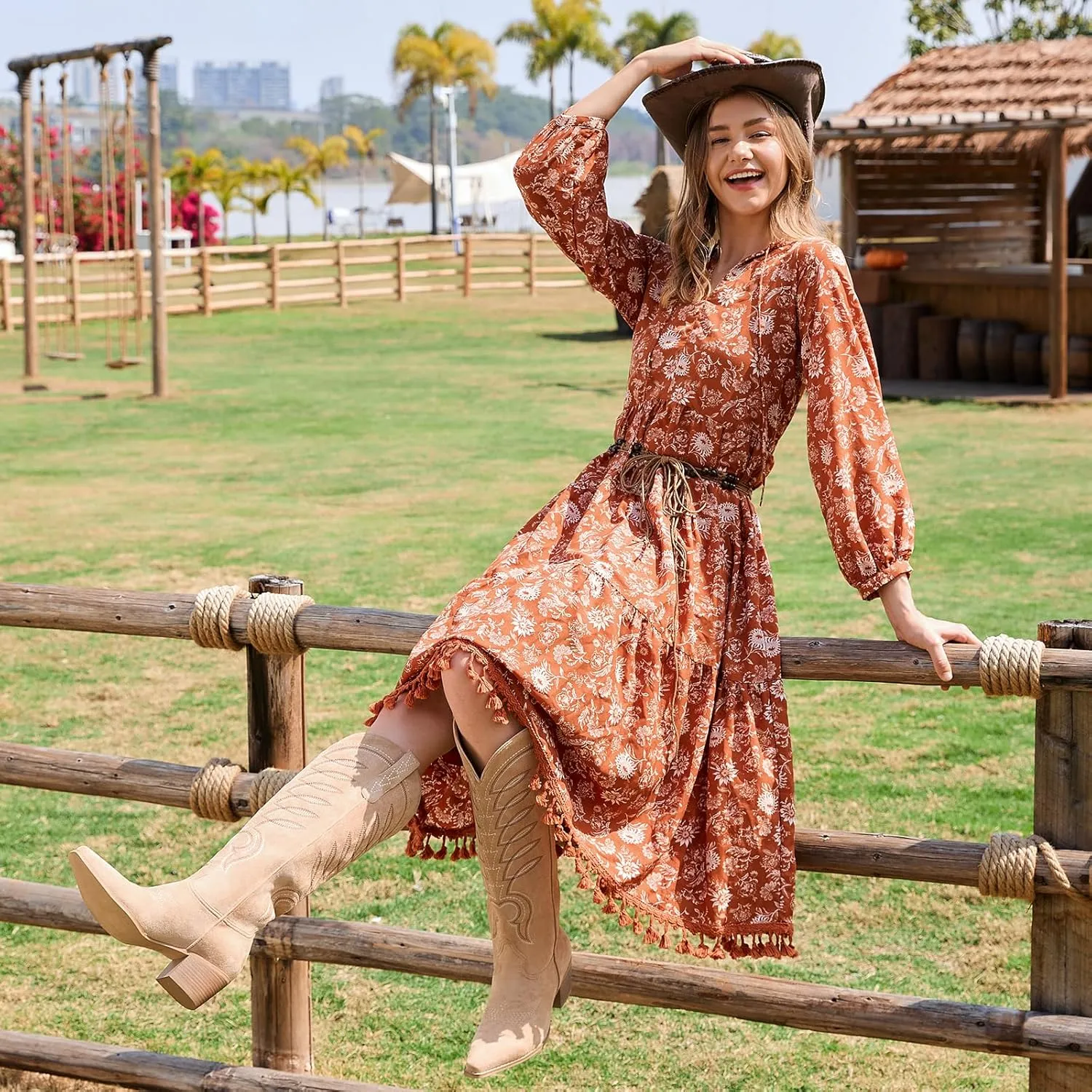 ISNOM Cowboy Boots for Women Knee High Cowgirl Western Boots Womens Embroidered Tall Cowboy Boot Comfort Fashion Long Boot