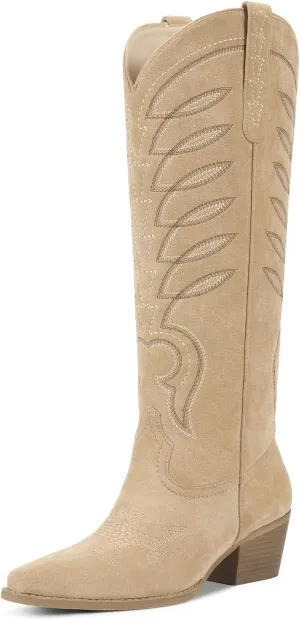ISNOM Cowboy Boots for Women Knee High Cowgirl Western Boots Womens Embroidered Tall Cowboy Boot Comfort Fashion Long Boot