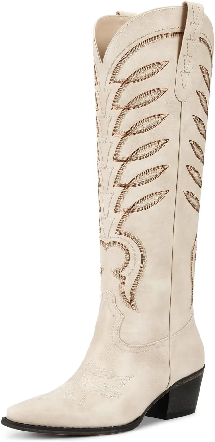 ISNOM Cowboy Boots for Women Knee High Cowgirl Western Boots Womens Embroidered Tall Cowboy Boot Comfort Fashion Long Boot