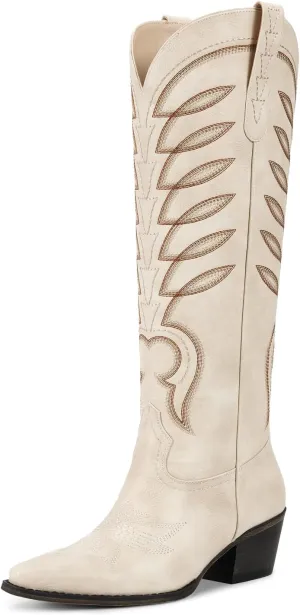 ISNOM Cowboy Boots for Women Knee High Cowgirl Western Boots Womens Embroidered Tall Cowboy Boot Comfort Fashion Long Boot