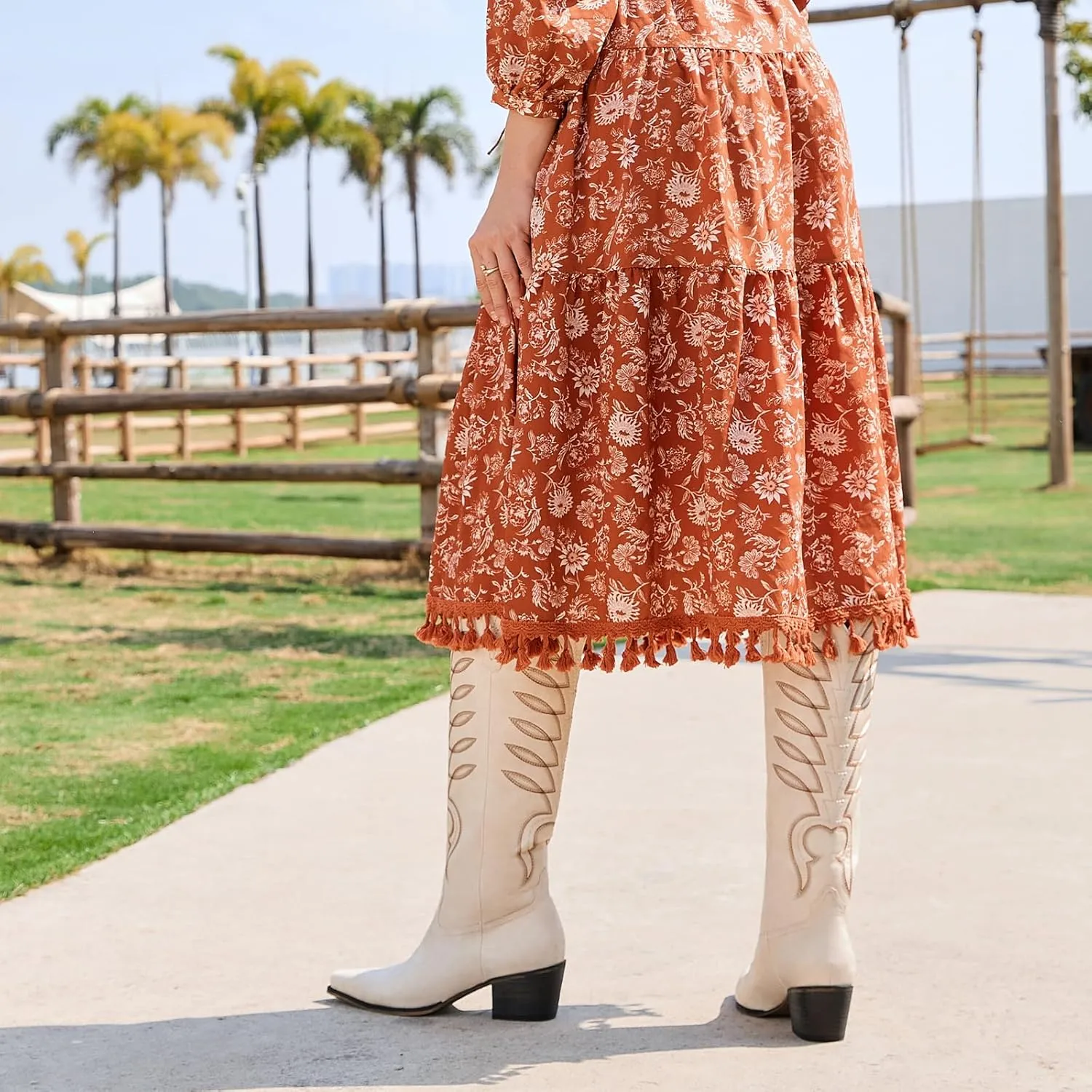 ISNOM Cowboy Boots for Women Knee High Cowgirl Western Boots Womens Embroidered Tall Cowboy Boot Comfort Fashion Long Boot