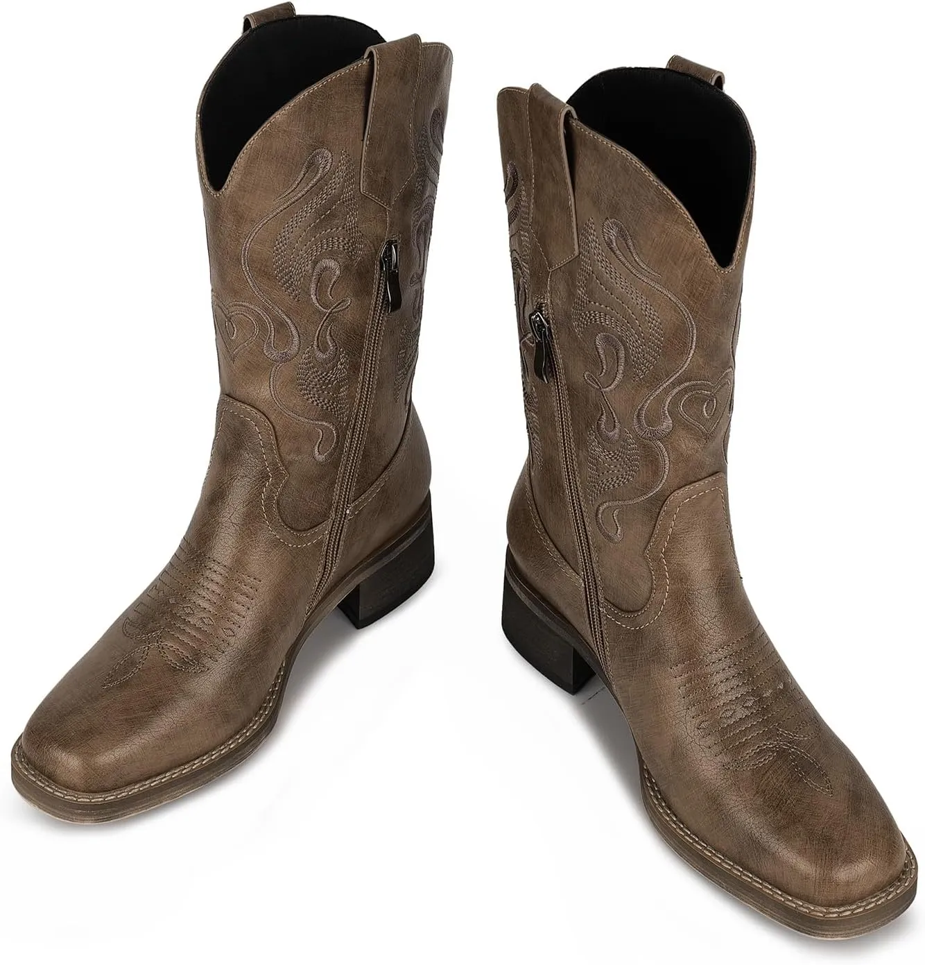 ISNOM Cowgirl Cowboy Boots for Women, Western Boots with Square Toe, Pull-on Tab and Unique Embroidery Design