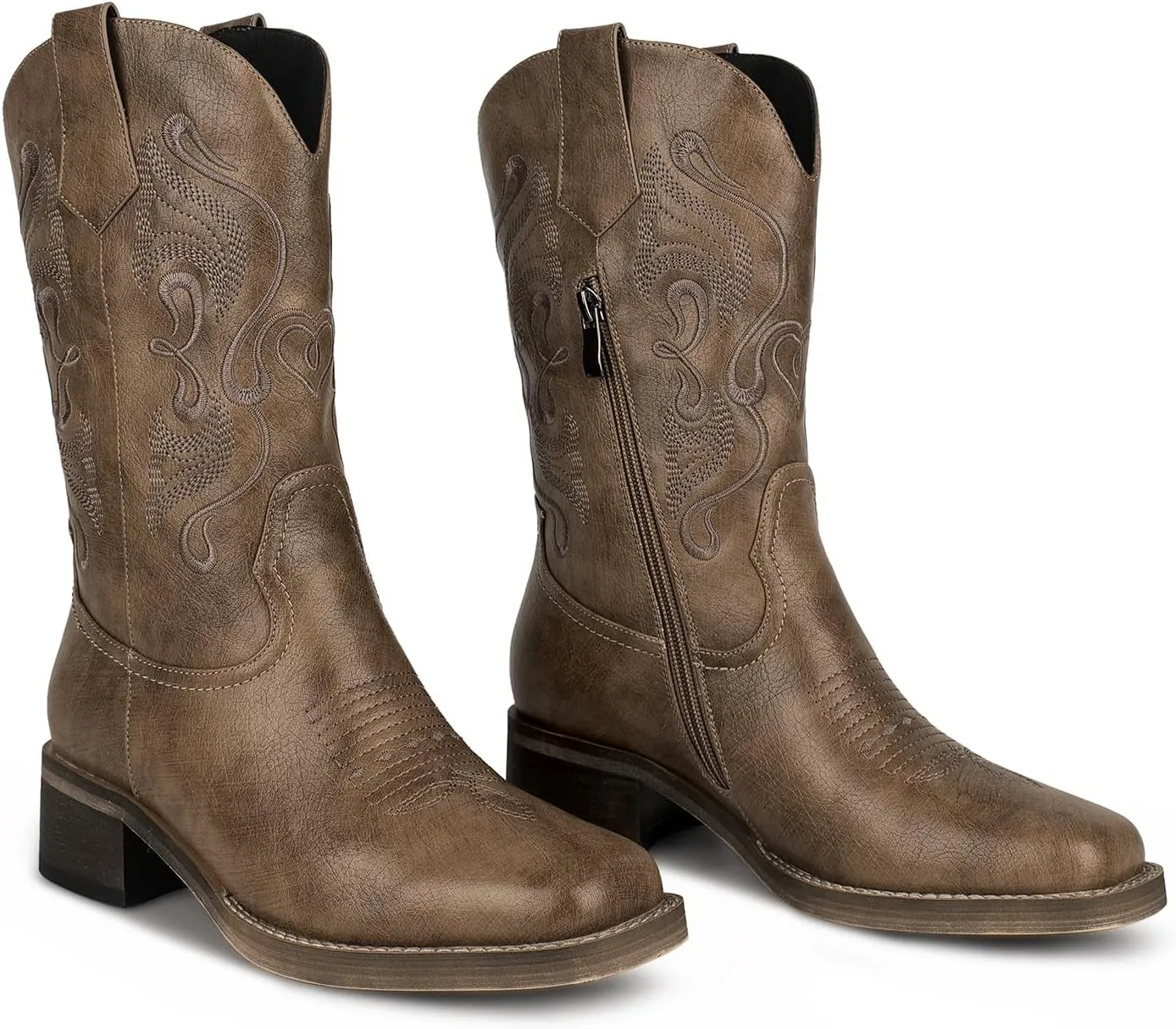 ISNOM Cowgirl Cowboy Boots for Women, Western Boots with Square Toe, Pull-on Tab and Unique Embroidery Design