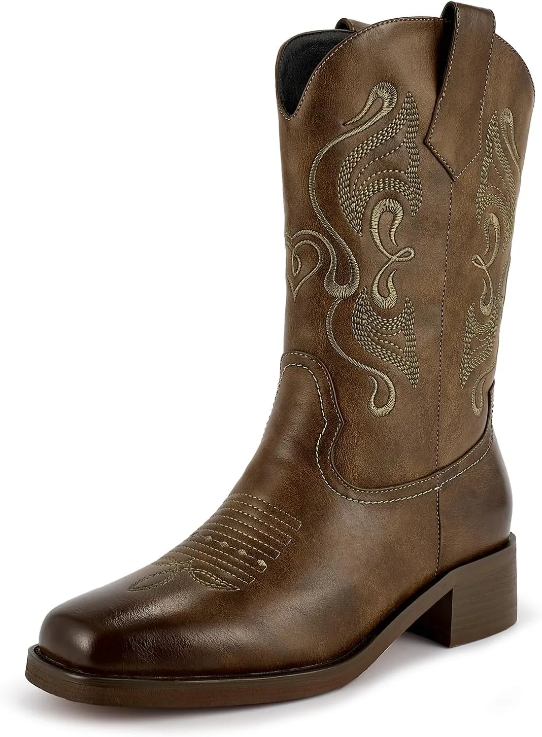 ISNOM Cowgirl Cowboy Boots for Women, Western Boots with Square Toe, Pull-on Tab and Unique Embroidery Design