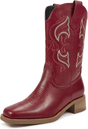 ISNOM Cowgirl Cowboy Boots for Women, Western Boots with Square Toe, Pull-on Tab and Unique Embroidery Design