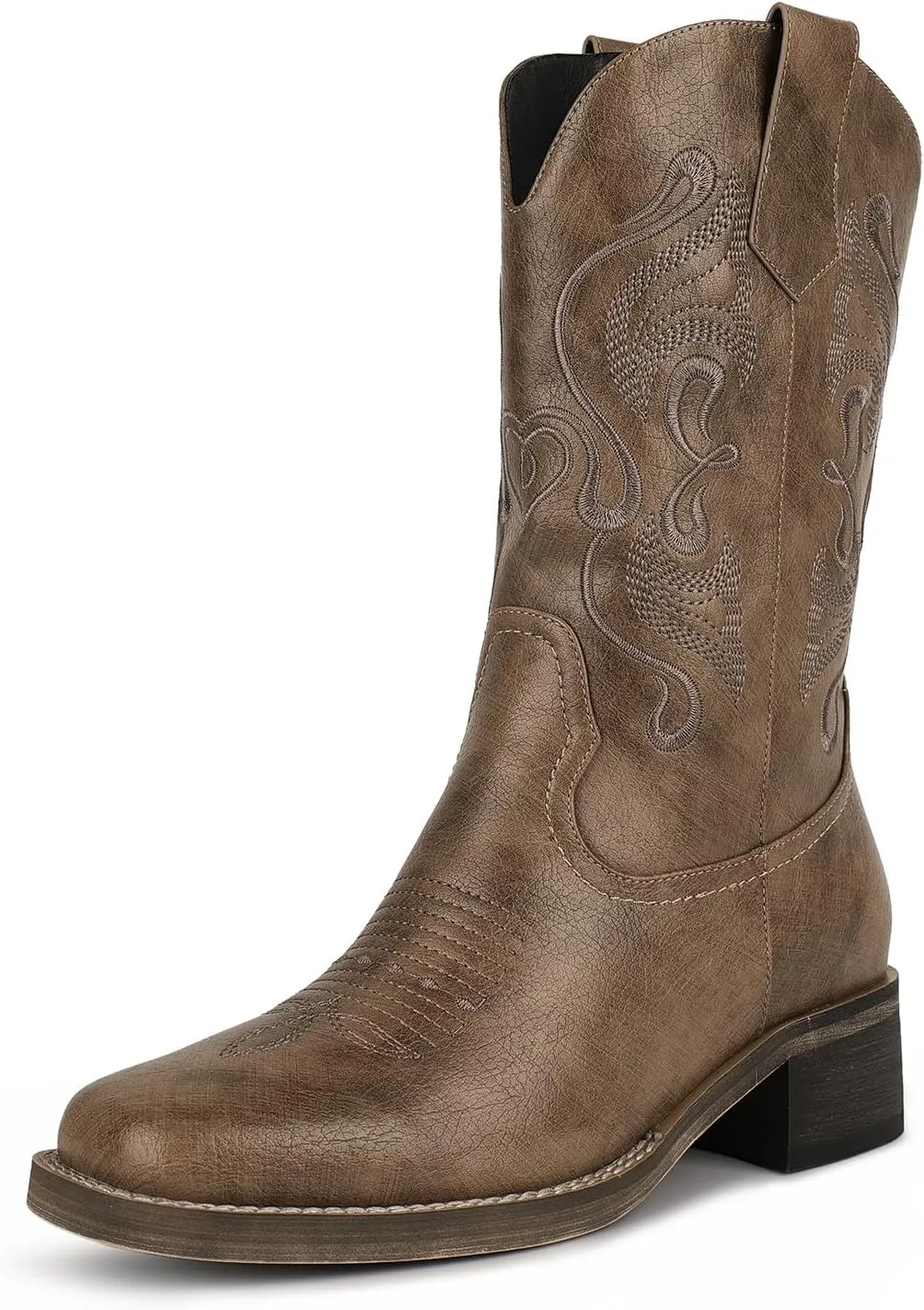 ISNOM Cowgirl Cowboy Boots for Women, Western Boots with Square Toe, Pull-on Tab and Unique Embroidery Design