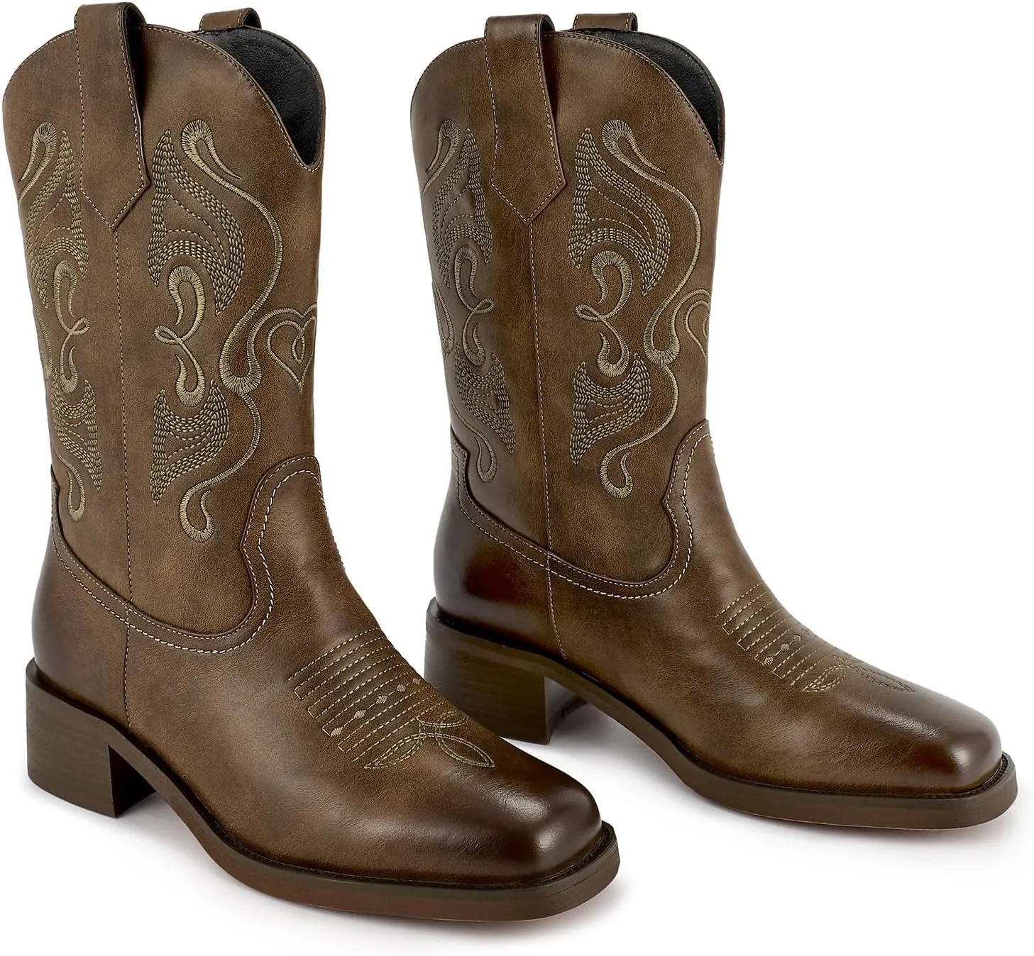 ISNOM Cowgirl Cowboy Boots for Women, Western Boots with Square Toe, Pull-on Tab and Unique Embroidery Design
