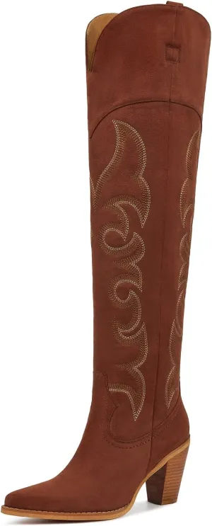 ISNOM Thigh High Cowboy Cowgirl Boots for Women, Over the Knee Western Boots with Vintage Embroidery, Side Zipper, Chunky Heel Design
