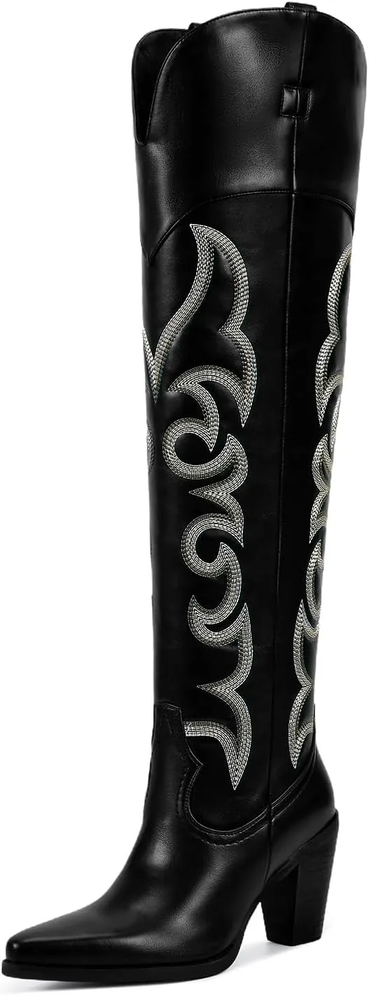 ISNOM Thigh High Cowboy Cowgirl Boots for Women, Over the Knee Western Boots with Vintage Embroidery, Side Zipper, Chunky Heel Design